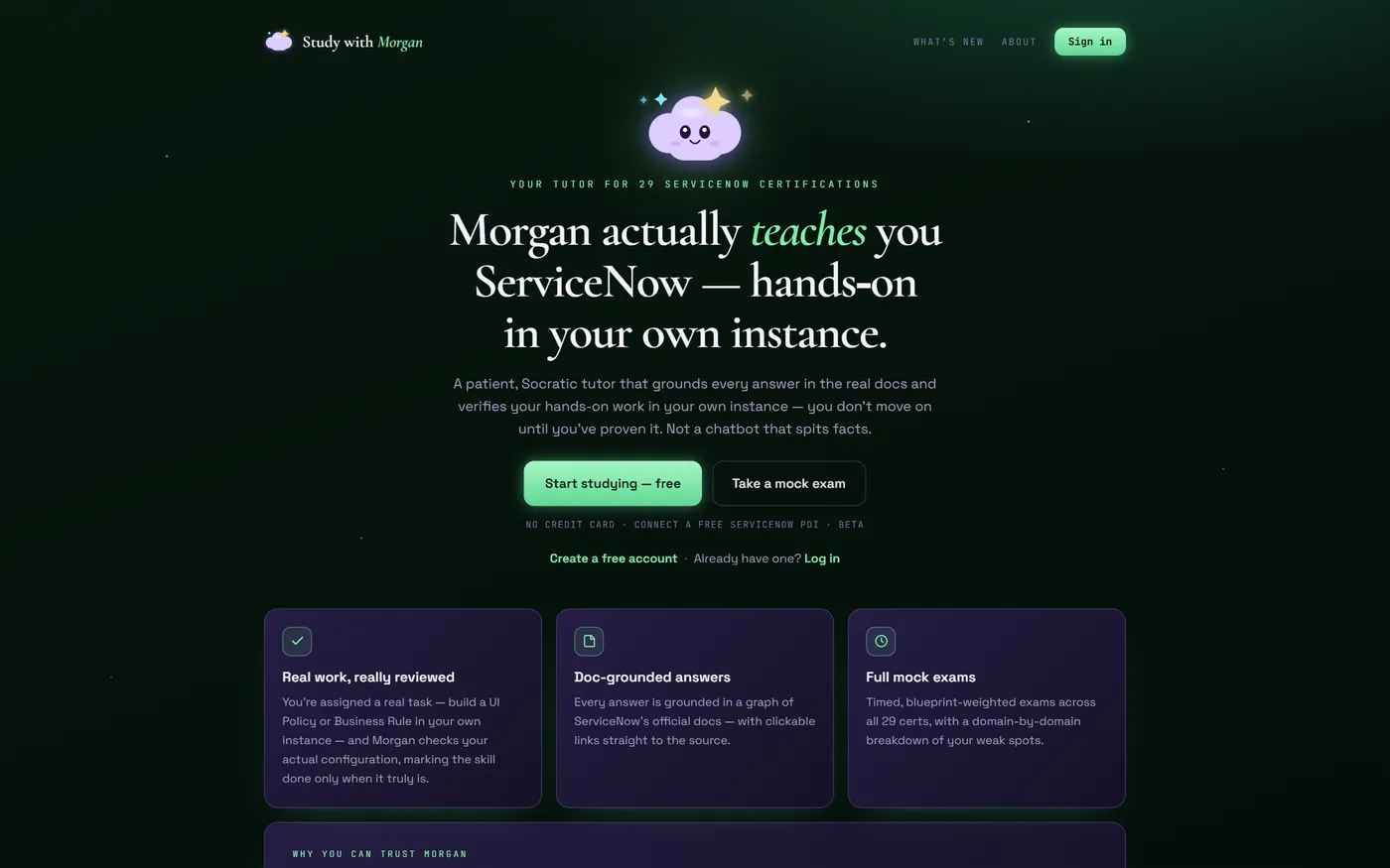 The Study with Morgan landing page, headlined 'Morgan actually teaches you ServiceNow, hands-on in your own instance', with sign-up and mock-exam calls to action