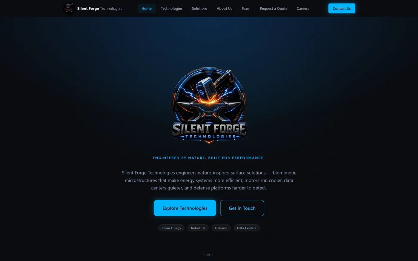 The Silent Forge Technologies home page, showing the company emblem, the tagline 'Engineered by nature. Built for performance.', and calls to action over a dark blue ground